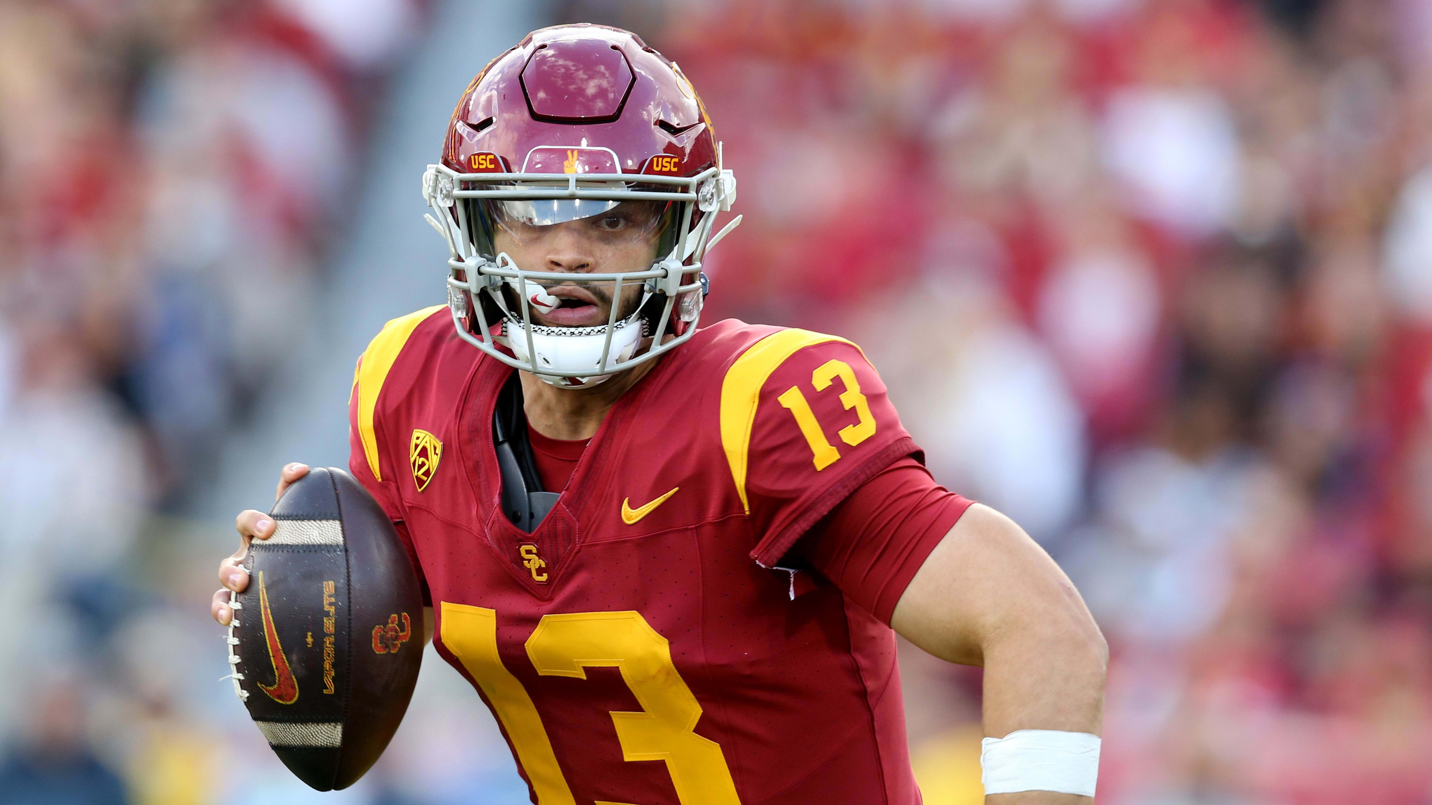 Nov 18, 2023; Los Angeles, California, USA; USC Trojans quarterback Caleb Williams (13) scrambles.