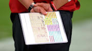 Nov 9, 2014; Glendale, AZ, USA; Detailed view of the playbook in the hands of Arizona Cardinals head coach Bruce Arians against the St. Louis Rams at University of Phoenix Stadium. The Cardinals defeated the Rams 31-14. Mandatory Credit: Mark J. Rebilas-Imagn Images