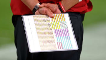 Nov 9, 2014; Glendale, AZ, USA; Detailed view of the playbook in the hands of Arizona Cardinals head coach Bruce Arians against the St. Louis Rams at University of Phoenix Stadium. The Cardinals defeated the Rams 31-14. Mandatory Credit: Mark J. Rebilas-Imagn Images