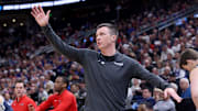 Mar 21, 2024; Salt Lake City, UT, USA; Samford Bulldogs head coach Bucky McMillan during the first half in the first round of the 2024 NCAA Tournament against the Samford Bulldogs at Vivint Smart Home Arena-Delta Center. Mandatory Credit: Rob Gray-Imagn Images