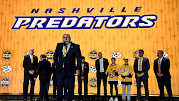 Jun 28, 2023; Nashville, Tennessee, USA; Nashville Predators incoming general manager Barry Trotz during round one of the 2023 NHL Draft at Bridgestone Arena. Mandatory Credit: Christopher Hanewinckel-Imagn Images