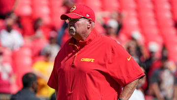 Sep 15, 2024; Kansas City, Missouri, USA; Kansas City Chiefs head coach Andy Reid watches team warms up against the Cincinnati Bengals prior to a game at GEHA Field at Arrowhead Stadium. Mandatory Credit: Denny Medley-Imagn Images