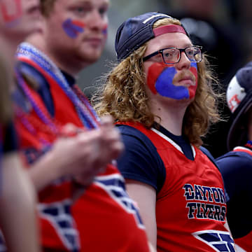 Mar 23, 2024; Salt Lake City, UT, USA; Dayton Flyers fans during the second half in the second round of the 2024 NCAA Tournament against the Arizona Wildcats at Vivint Smart Home Arena-Delta Center. Mandatory Credit: Rob Gray-Imagn Images