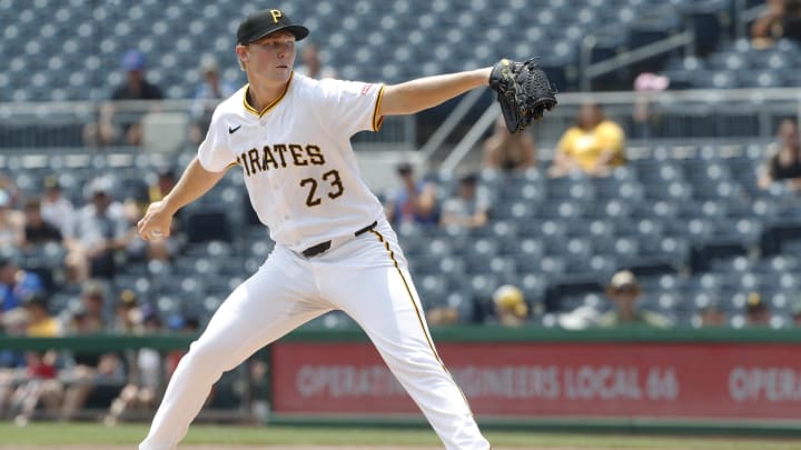 Jul 8, 2024; Pittsburgh, Pennsylvania, USA;  Pittsburgh Pirates starting pitcher Mitch Keller (23) delivers a pitch against the New York Mets during the first inning at PNC Park. Mandatory Credit: Charles LeClaire-USA TODAY Sports