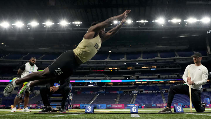 Mar 2, 2024; Indianapolis, IN, USA: Troy running back Kimani Vidal (RB26) during the 2024 NFL Combine.