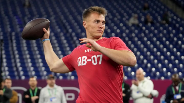 Mar 2, 2024; Indianapolis, IN, USA; Oregon quarterback Bo Nix (QB07) during the 2024 NFL Combine at