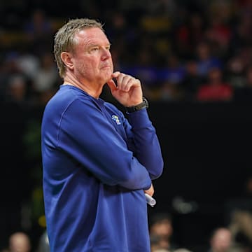 Jan 5, 2025; Orlando, Florida, USA; Kansas Jayhawks head coach Bill Self looks on  during the second half against the UCF Knights at Addition Financial Arena. Mandatory Credit: Mike Watters-Imagn Images