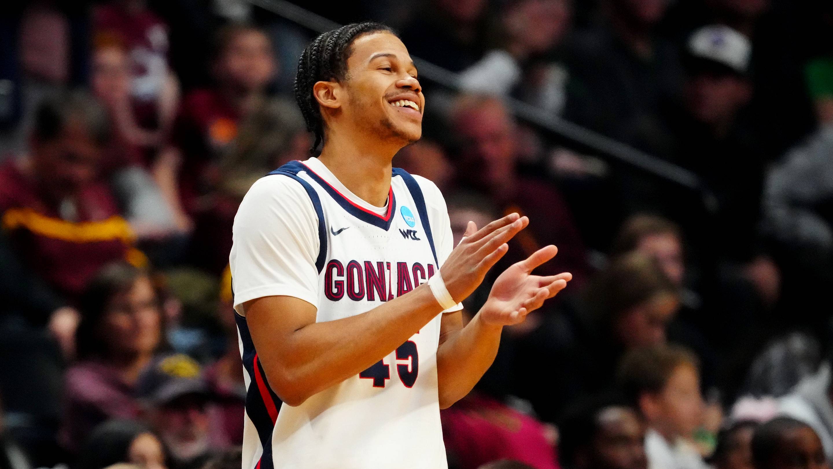 Mar 17, 2023; Denver, CO, USA; Gonzaga Bulldogs guard Rasir Bolton (45) reacts after the Bulldogs defeated the Grand Canyon Antelopes in the first round of the NCAA tournament at Ball Arena