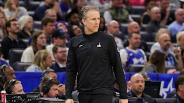 Feb 23, 2025; Orlando, Florida, USA; Washington Wizards head coach Brian Keefe looks on during the second quarter against the Orlando Magic at Kia Center. Mandatory Credit: Mike Watters-Imagn Images