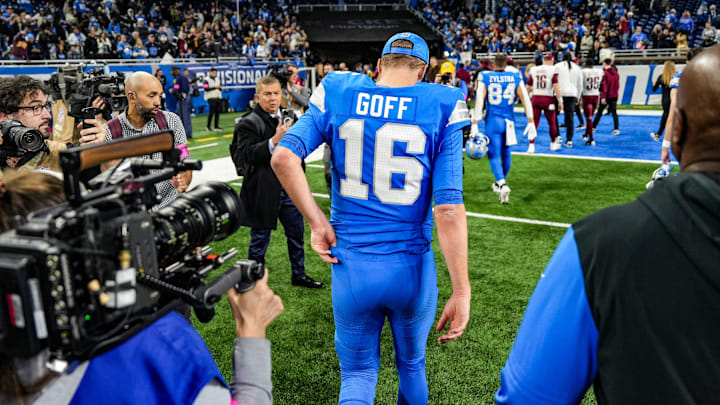 Detroit Lions quarterback Jared Goff walks off the field after losing to the Washington Commanders 45-31