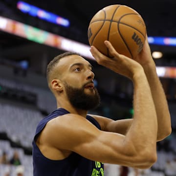 May 30, 2024; Minneapolis, Minnesota, USA; Minnesota Timberwolves center Rudy Gobert (27) warms up before game five of the western conference finals for the 2024 NBA playoffs against the Dallas Mavericks at Target Center. Mandatory Credit: Bruce Kluckhohn-Imagn Images