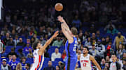 Jan 25, 2025; Orlando, Florida, USA; Orlando Magic forward Franz Wagner (22) shoots against Detroit Pistons guard Cade Cunningham (2) during the first quarter at Kia Center. Mandatory Credit: Mike Watters-Imagn Images