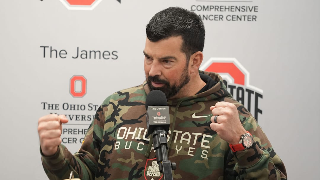 Ohio State Football coach Ryan Day gestures during an April 7, 2025 news conference at the Woody Hayes Athletic Center. Ohio State Football coach Ryan Day gestures during an April 7, 2025 news conference at the Woody Hayes Athletic Center.