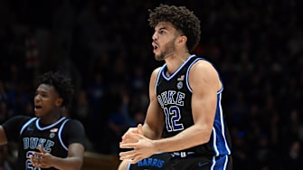 Dec 2, 2025; Durham, North Carolina, USA; Duke Blue Devils forward Cameron Boozer (12) reacts during the second half against the Florida Gators at Cameron Indoor Stadium.  The Blue Devils won 67-66. Mandatory Credit: Rob Kinnan-Imagn Images