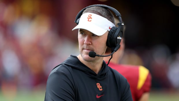 USC Trojans head coach Lincoln Riley during the first quarter at United Airlines Field at Los Angeles Memorial Coliseum.