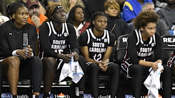 Nov 24, 2024; Los Angeles, California, USA; The South Carolina Gamecocks bench watch the action as the team falls behind by 20 points to the UCLA Bruins at Pauley Pavilion presented by Wescom. Mandatory Credit: Robert Hanashiro-Imagn Images