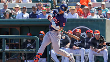 Feb 26, 2024; Lakeland, Florida, USA; Houston Astros designated hitter Jacob Melton (76) bats during the third inning against the Detroit Tigers at Publix Field at Joker Marchant Stadium. Mandatory Credit: Mike Watters-Imagn Images