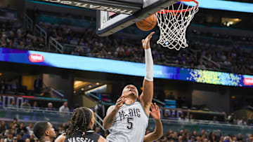 Feb 8, 2025; Orlando, Florida, USA; Orlando Magic forward Paolo Banchero (5) drives to the basket during the second quarter against the San Antonio Spurs at Kia Center. Mandatory Credit: Mike Watters-Imagn Images