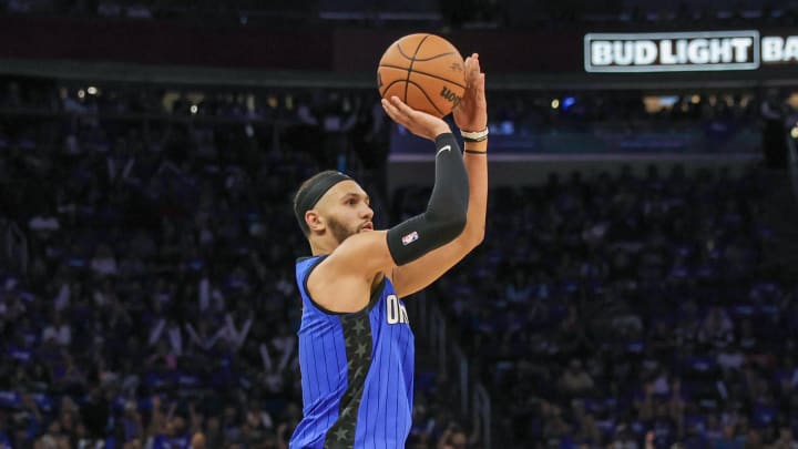 May 3, 2024: Orlando Magic guard Jalen Suggs (4) shoots a three-point basket against the Cleveland Cavaliers during the second quarter of game six of the first round for the 2024 NBA playoffs at Kia Center.