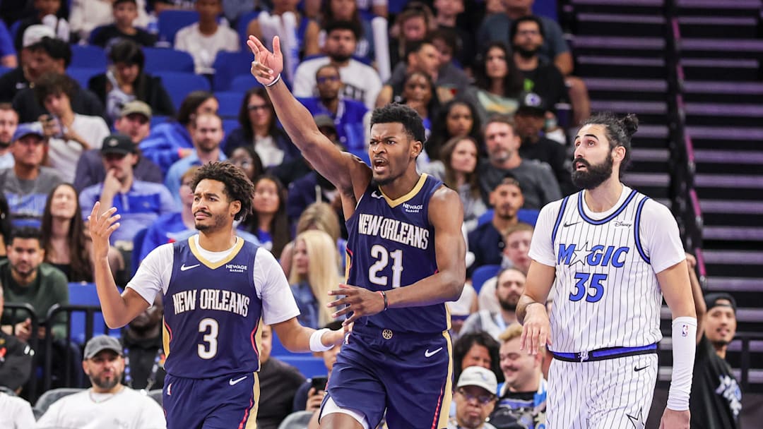 New Orleans Pelicans center Yves Missi (21) reacts after a play during the second quarter against the Orlando Magic at Kia Center. New Orleans Pelicans center Yves Missi (21) reacts after a play during the second quarter against the Orlando Magic at Kia Center.