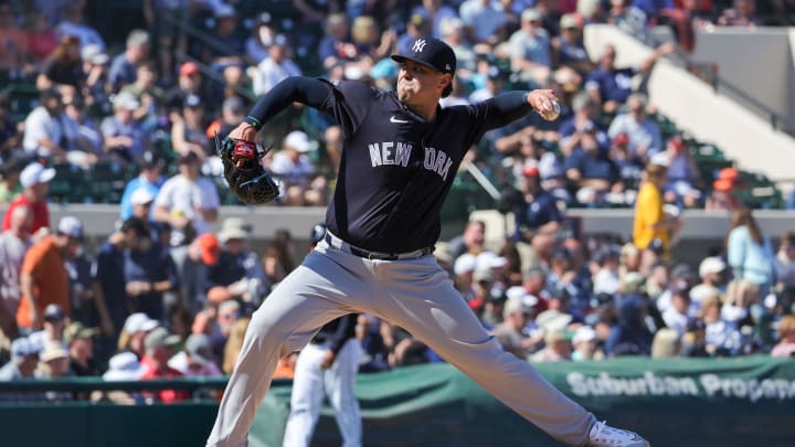 Feb 24, 2024; Lakeland, Florida, USA; New York Yankees relief pitcher Nick Ramirez (63) pitches during the third inning against the Detroit Tigers at Publix Field at Joker Marchant Stadium. Mandatory Credit: Mike Watters-USA TODAY Sports