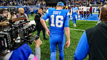 Detroit Lions quarterback Jared Goff walks off the field after losing to the Washington Commanders 45-31 in the NFC divisional round of the NFL playoffs at Ford Field in Detroit, Saturday, Jan. 18, 2025.