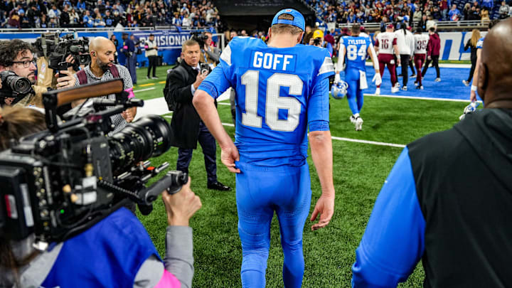 Detroit Lions quarterback Jared Goff walks off the field after losing to the Washington Commanders 45-31 in the NFC divisional round of the NFL playoffs at Ford Field in Detroit, Saturday, Jan. 18, 2025.