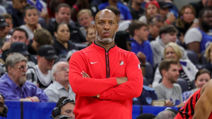 Apr 1, 2024; Orlando, Florida, USA; Portland Trail Blazers head coach Chauncey Billups looks on during the second quarter against the Orlando Magic at Amway Center. Mandatory Credit: Mike Watters-USA TODAY Sports