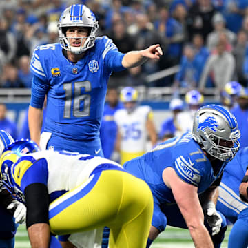 Jan 14, 2024; Detroit, Michigan, USA; Detroit Lions quarterback Jared Goff (16) calls signals during the first half of a 2024 NFC wild card game against the Los Angeles Rams at Ford Field. Mandatory Credit: Lon Horwedel-Imagn Images