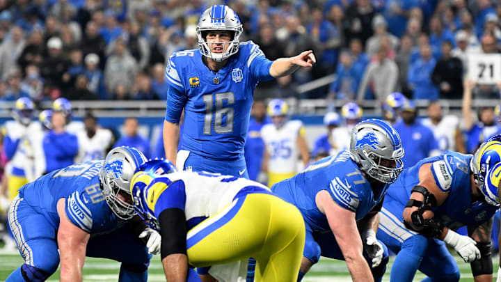 Jan 14, 2024; Detroit, Michigan, USA; Detroit Lions quarterback Jared Goff (16) calls signals during the first half of a 2024 NFC wild card game against the Los Angeles Rams at Ford Field. Mandatory Credit: Lon Horwedel-Imagn Images