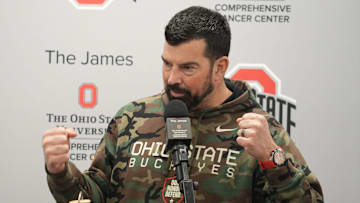 Ohio State Football coach Ryan Day gestures during an April 7, 2025 news conference at the Woody Hayes Athletic Center.