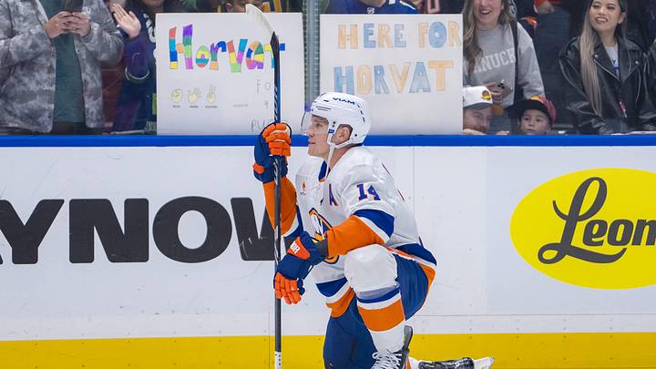 Nov 14, 2024; Vancouver, British Columbia, CAN; New York Islanders forward Bo Horvat (14) looks at the fans during warm up prior to a game against the Vancouver Canucks at Rogers Arena. Mandatory Credit: Bob Frid-Imagn Images