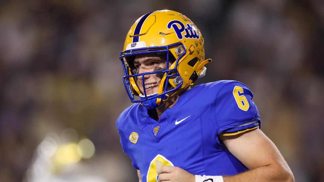 Nov 22, 2025; Atlanta, Georgia, USA; Pittsburgh Panthers quarterback Mason Heintschel (6) reacts after a touchdown against the Georgia Tech Yellow Jackets in the second quarter at Bobby Dodd Stadium at Hyundai Field. Mandatory Credit: Brett Davis-Imagn Images