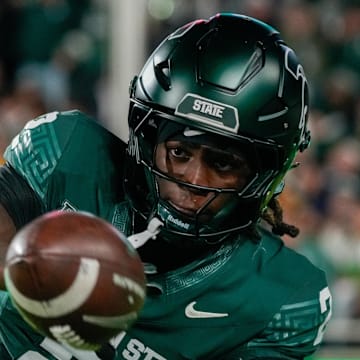 Oct 25, 2025; East Lansing, Michigan, USA; Michigan State Spartans defensive back Aydan West (2) warms up prior at a game against the Michigan Wolverines at Spartan Stadium.