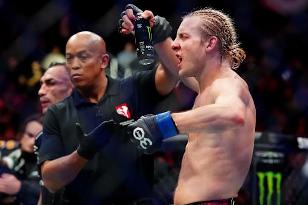 Paddy Pimblett reacts after defeating Tony Ferguson during UFC 296 at T-Mobile Arena. 
