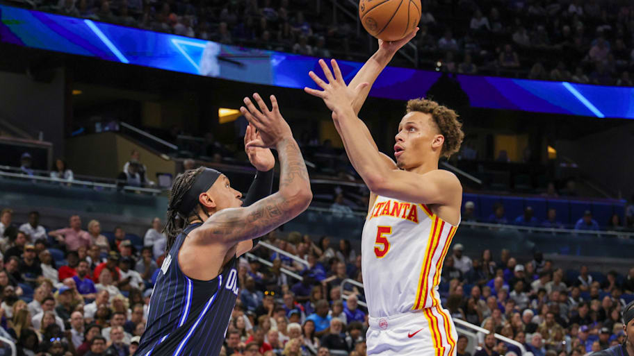 Atlanta Hawks guard Dyson Daniels shoots the ball over Orlando Magic forward Paolo Banchero.