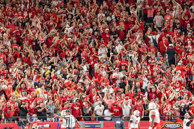 Nebraska fans celebrate Malcolm Hartzog Jr.'s game-saving interception in the final minute vs. Cincinnati on Aug. 28, 2025