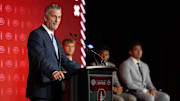 Jul 22, 2025; Charlotte, NC, USA; Stanford head coach Frank Reich answers questions from the media during ACC Media Days at Hilton Charlotte Uptown. Mandatory Credit: Jim Dedmon-Imagn Images