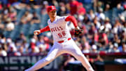 Apr 6, 2025; Anaheim, California, USA; Los Angeles Angels pitcher Ryan Zeferjahn (56) throws against the Cleveland Guardians during the sixth inning at Angel Stadium. Mandatory Credit: Gary A. Vasquez-Imagn Images