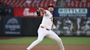 Sep 15, 2025; St. Louis, Missouri, USA; St. Louis Cardinals starting pitcher Matthew Liberatore (52) pitches against the Cincinnati Reds in the first inning at Busch Stadium. Mandatory Credit: Joe Puetz-Imagn Images