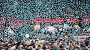 Feb 9, 2025; New Orleans, LA, USA; A general view as confetti falls in front of Philadelphia Eagles flags after they won Super Bowl LIX at Caesars Superdome.