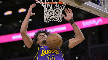 Apr 4, 2025; Los Angeles, California, USA;  Los Angeles Lakers center Jaxson Hayes (11) dunks in the first half against the New Orleans Pelicans at Crypto.com Arena. Mandatory Credit: Jayne Kamin-Oncea-Imagn Images