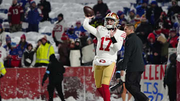Dec 1, 2024; Orchard Park, New York, USA; San Francisco 49ers quarterback Brandon Allen (17) warms up prior to the game against the Buffalo Bills at Highmark Stadium. Mandatory Credit: Gregory Fisher-Imagn Images