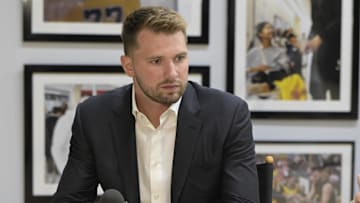Aug 2, 2025; El Segundo, CA, USA; Los Angeles Lakers Luka Doncic (77) is interviewed Spectrum SportsNet following a press conference announcing the signing of his contract extension at UCLA Health Training Center. Mandatory Credit: Jayne Kamin-Oncea-Imagn Images