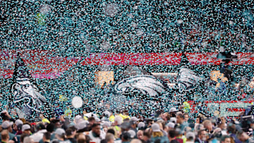 Feb 9, 2025; New Orleans, LA, USA; A general view as confetti falls in front of Philadelphia Eagles flags after they won Super Bowl LIX at Caesars Superdome.