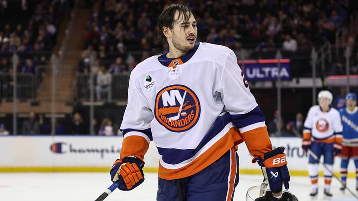 Nov 8, 2025; New York, New York, USA;  New York Islanders defenseman Alexander Romanov (28) at Madison Square Garden. Mandatory Credit: Wendell Cruz-Imagn Images