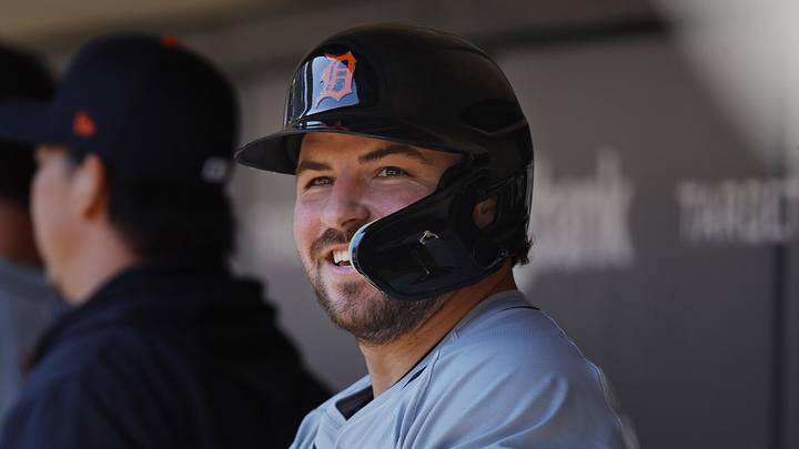 Apr 21, 2024; Minneapolis, Minnesota, USA; Detroit Tigers second baseman Buddy Kennedy (40) celebrates his RBI sacrifice fly against the Minnesota Twins in the first inning at Target Field. Mandatory Credit: Bruce Kluckhohn-Imagn Images