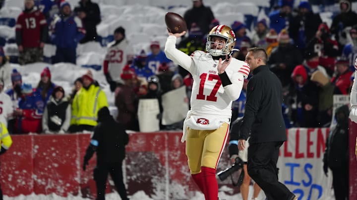 Dec 1, 2024; Orchard Park, New York, USA; San Francisco 49ers quarterback Brandon Allen (17) warms up prior to the game against the Buffalo Bills at Highmark Stadium. Mandatory Credit: Gregory Fisher-Imagn Images