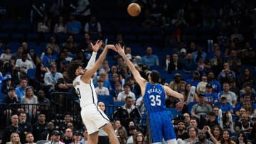 Brooklyn Nets forward Trendon Watford (9) shoots the ball over Orlando Magic center Goga Bitadze (35) in the fourth quarter at Kia Center. 