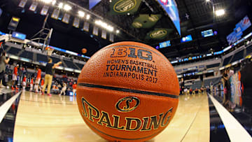 Mar 4, 2017; Indianapolis, IN, USA; A view of an official Spalding basketball with the Big Ten Conference Tournament logo prior to the game of the Ohio State Buckeyes against the Purdue Boilermakers at Bankers Life Fieldhouse. Mandatory Credit: Aaron Doster-Imagn Images